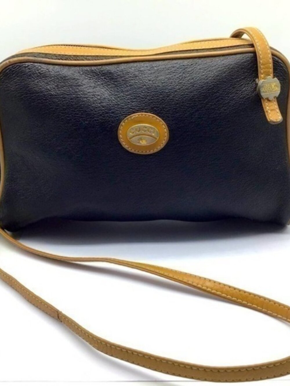 Vintage Gucci Plus Black Coated Leather Crossbody Bag 22" Strap